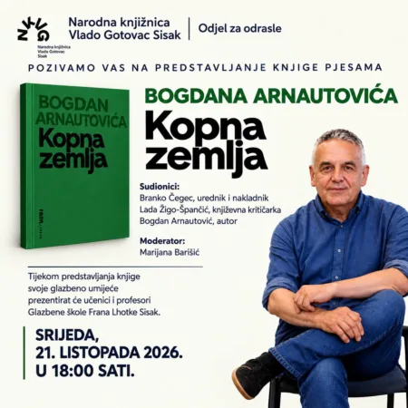 Pročitajte više o članku Predstavljanje knjige pjesama „Kopna zemlja” autora Bogdana Arnautovića – 21.10.2026.